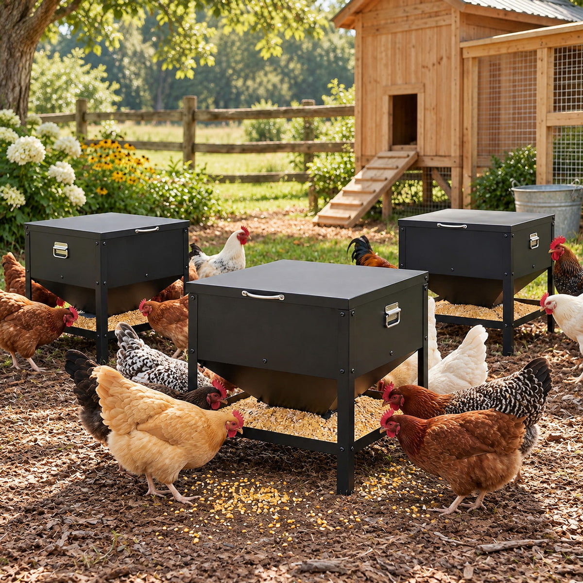 Airfind Large Capacity Chicken Feeding Box with Openable Lid, Galvanized Metal Stainless Steel for Convenient Everyday Use, Black