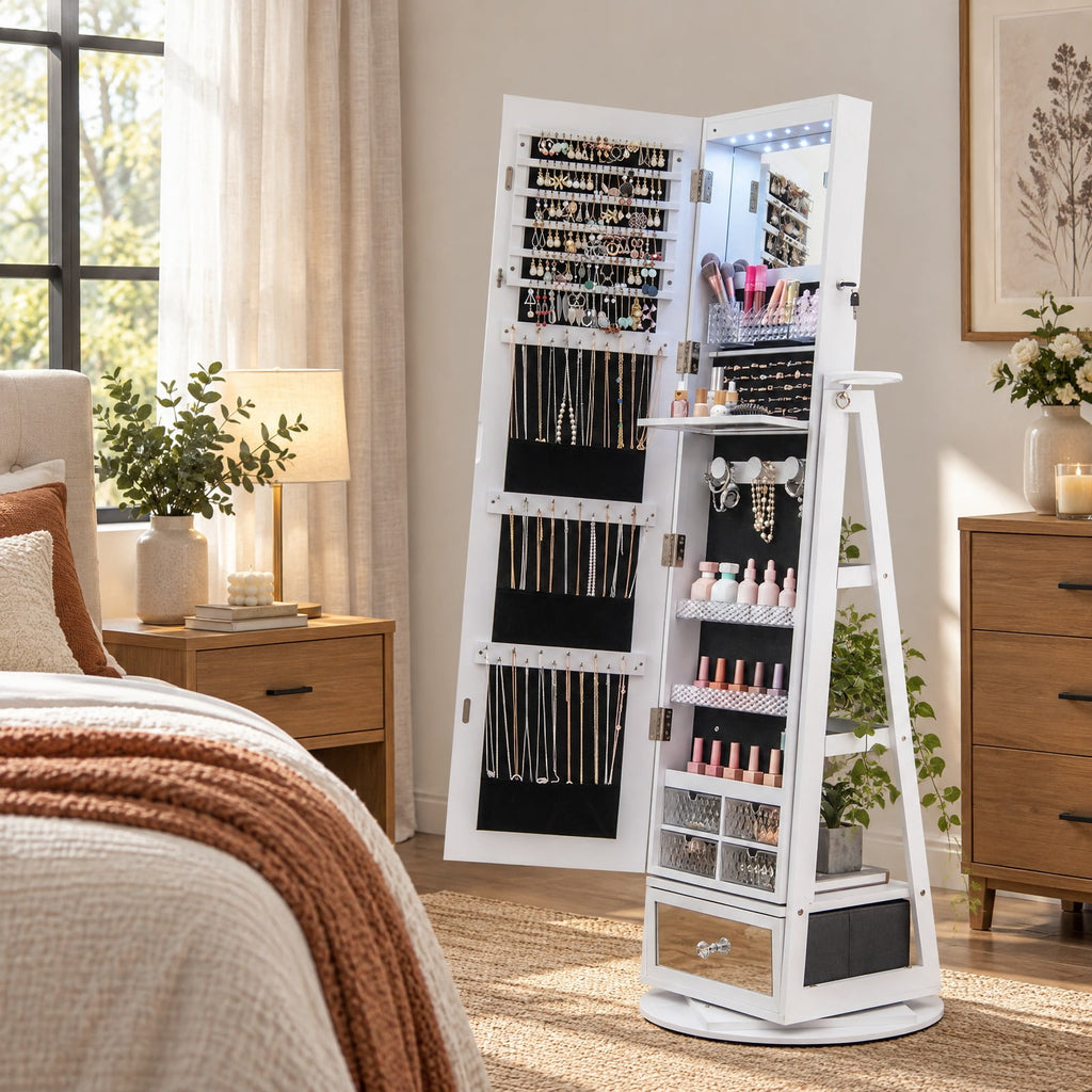 Airfind Lockable 360° Swivel Jewelry Cabinet with Full-Length Mirror LED Lights, MDF Glass Acrylic Frame, 22 Inch x 64.5 Inch External Footprint, White