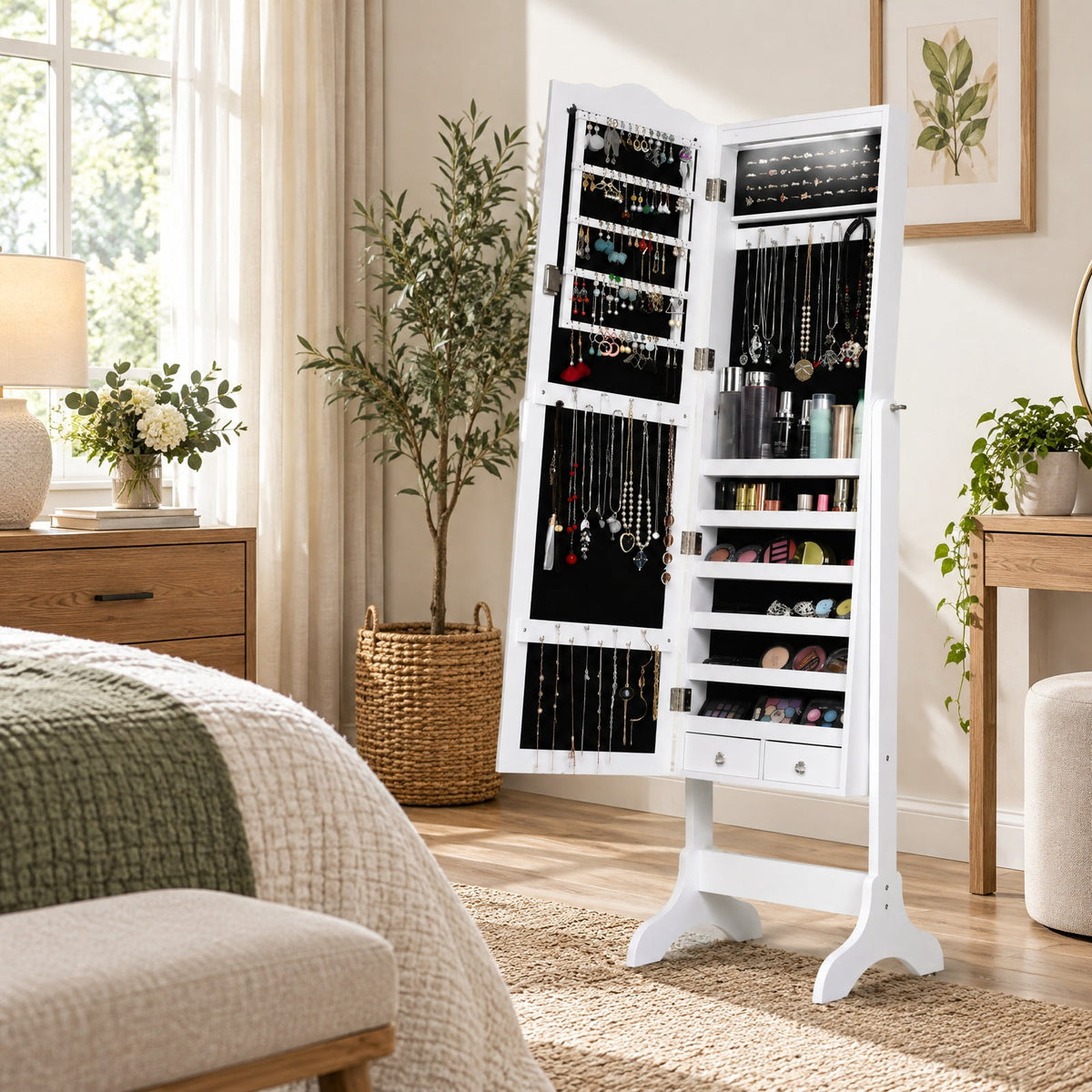 Airfind 14 LED Jewelry Armoire Cabinet with Full Length Mirror and 4 Tilting Angles, MDF board Frame, 18 x 14.5 x 63 Footprint, White