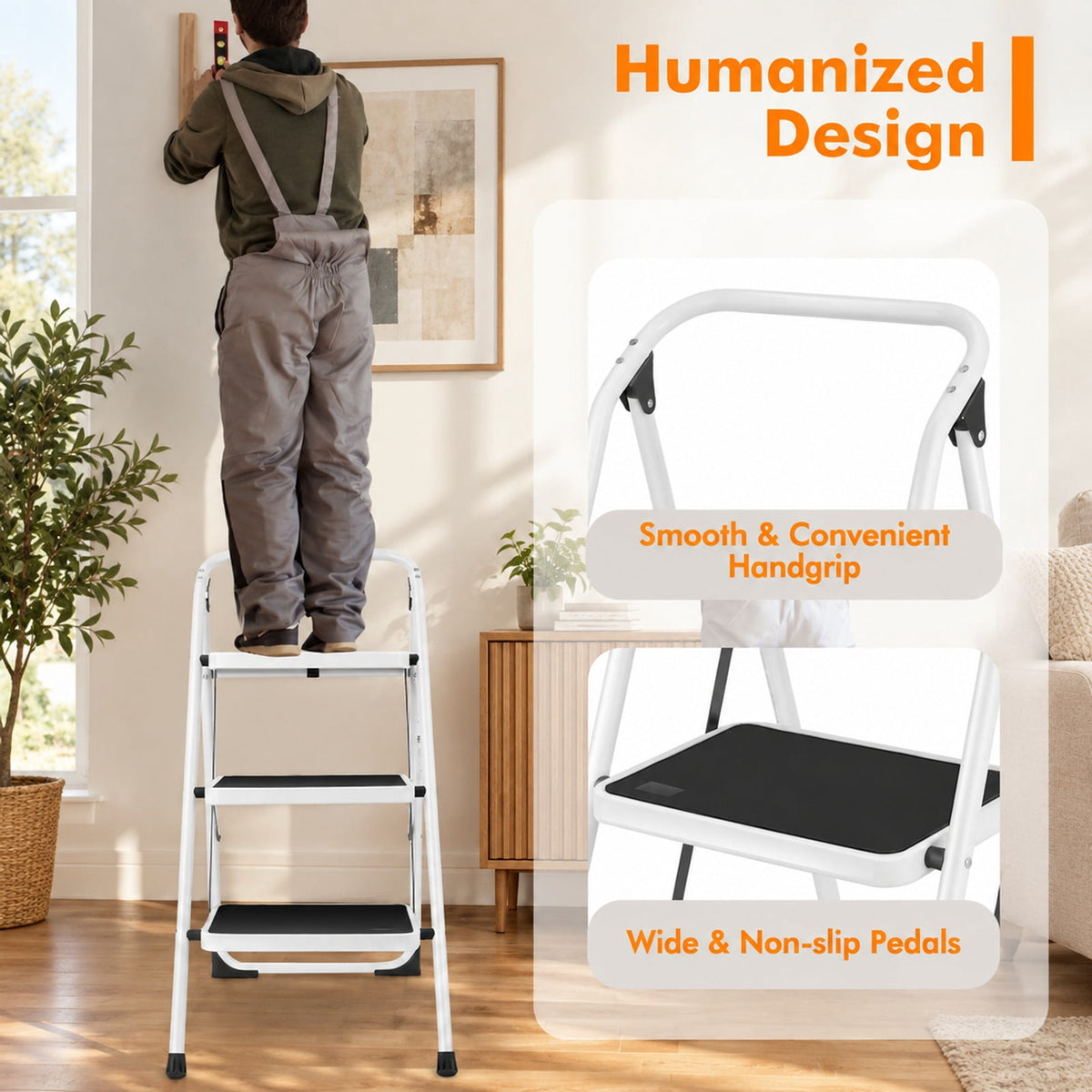 Airfind Folding 3-Step Ladder with Handgrip and Anti, 330 lbs Capacity, Iron Frame, 19.5 Inch x 26 Inch x 36.5 Inch Footprint, Black white