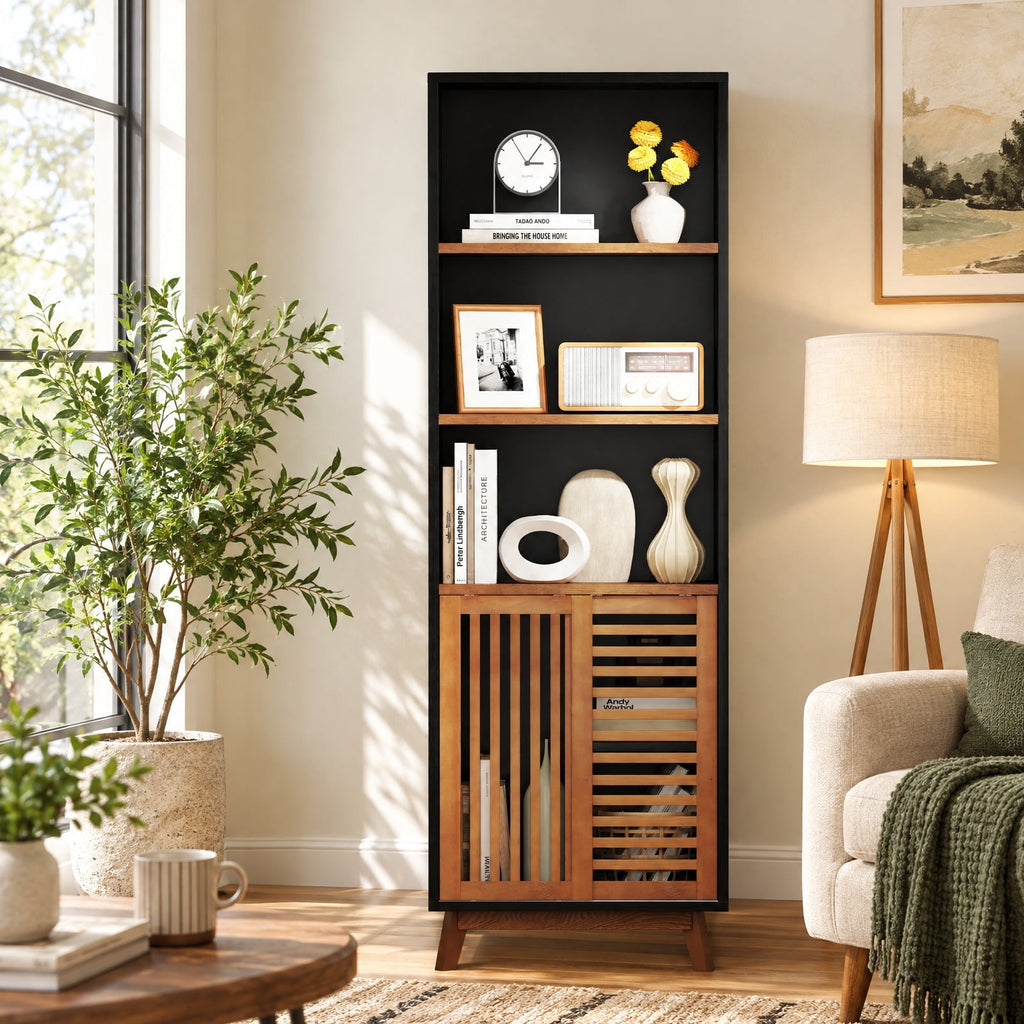 Airfind 70 Inch 5-Tier Bookshelf with Reversible Adjustable Shelf, 44 lbs Capacity, Solid Wood MDF Engineered Wood Aluminum Alloy Frame, Black