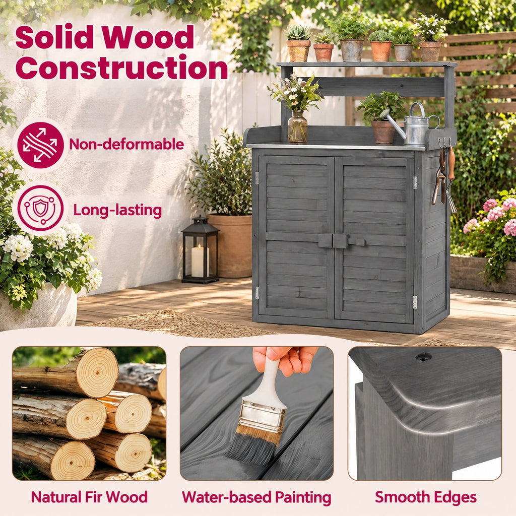 Airfind Wood Plant Workstation with Stainless Steel Tabletop and Removable Shelves, 110 lbs Storage Shelf Capacity, Fir Wood Stainless Steel Frame