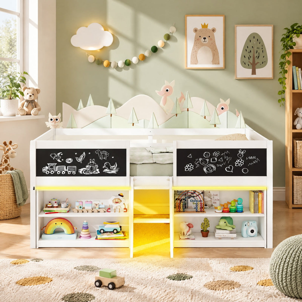 Airfind Low Loft Bed with LED Lights Youth Cabin Bed with Bookcases, 250 Lbs Capacity, Solid Wood Plywood MDF Engineered Wood, White