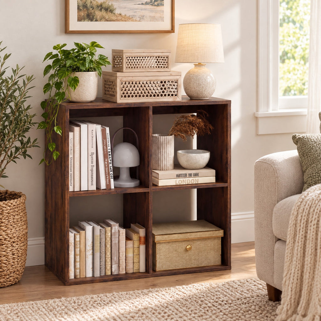 Airfind 4 Cube Bookshelf with Back Guardrail for Living Room Bedroom, 100 lbs Capacity, Engineered Wood Frame, 27.5 x 13 x 27.5 Footprint, Coffee