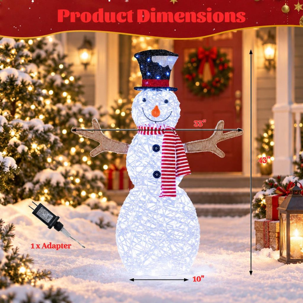Airfind Lighted Snowman Christmas Decoration with Cold White LED Lights, Metal Tinsel Fabric Frame, 33in x 10in x 43in Length of Footprint, White