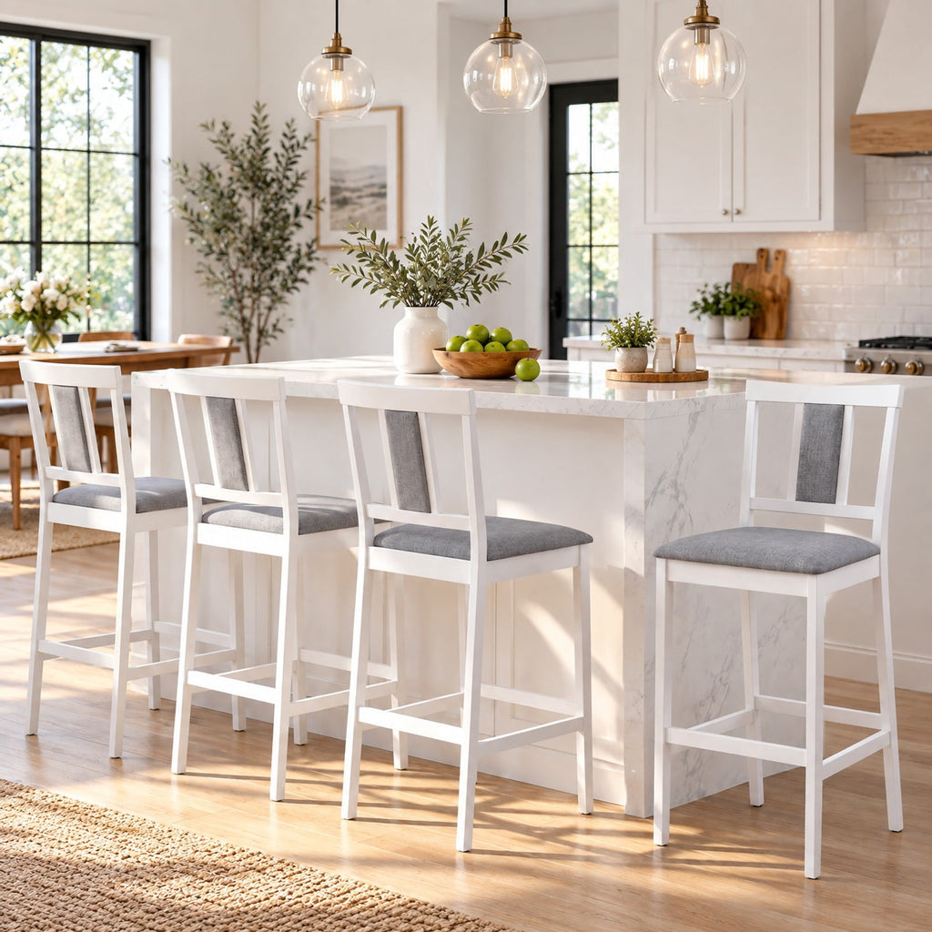 Airfind Set of 4 Upholstered Barstool 29.5 Inch Bar Height with Solid Rubber Wood Frame, 300 lbs Capacity, White