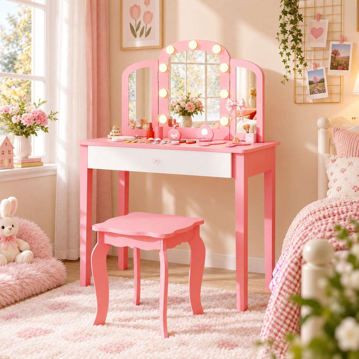 Airfind 2-in-1 Kids Vanity Table Set with Tri-Folding Detachable Mirror and Lights, 110 lbs Capacity, MDF Pine Wood Acrylic Frame, Footprint, Pink