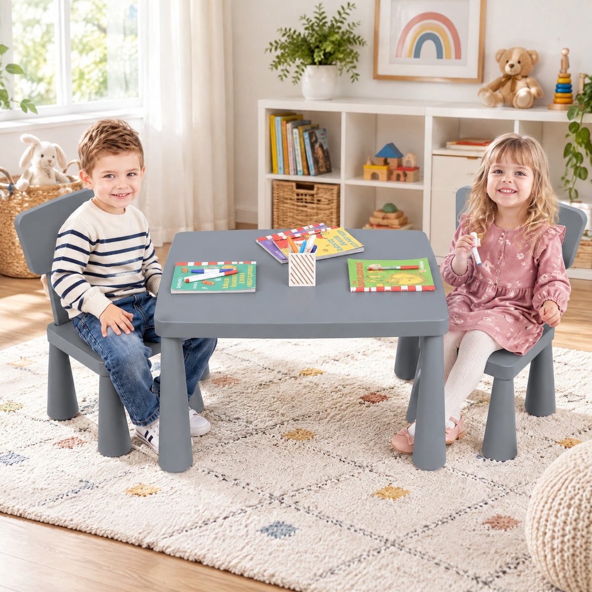 Airfind Table and Chair Set, 3 Pieces Multifunction Activity Youth Play, 110 lbs Capacity, PP Frame, 30 Inch x 21 Inch x 19 Inch Footprint, Gray