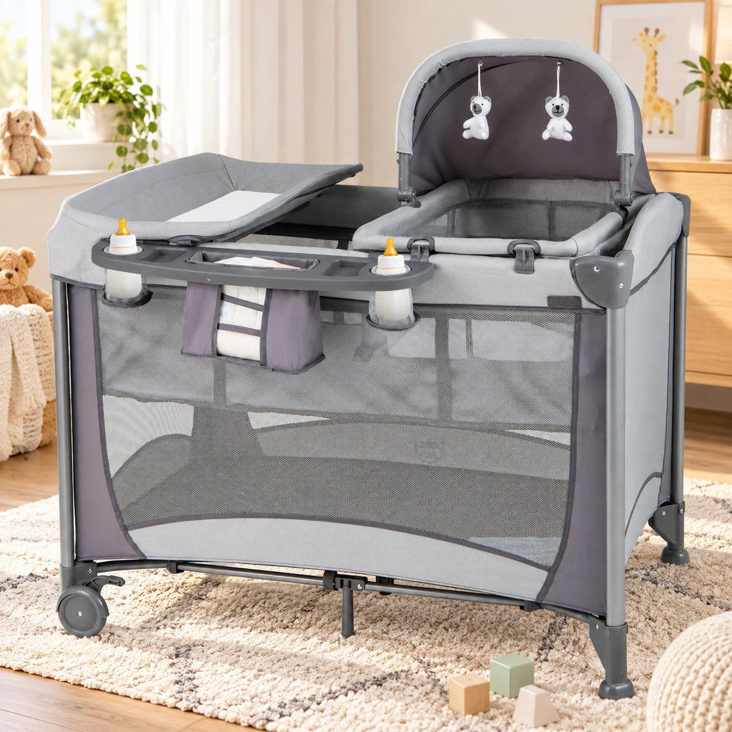 Airfind 5-in-1 Portable Child Playard with Cradle and Storage Basket, 33 Lbs Capacity, Polyester Fabric Sponge Iron PP Basic Child Playard, Gray