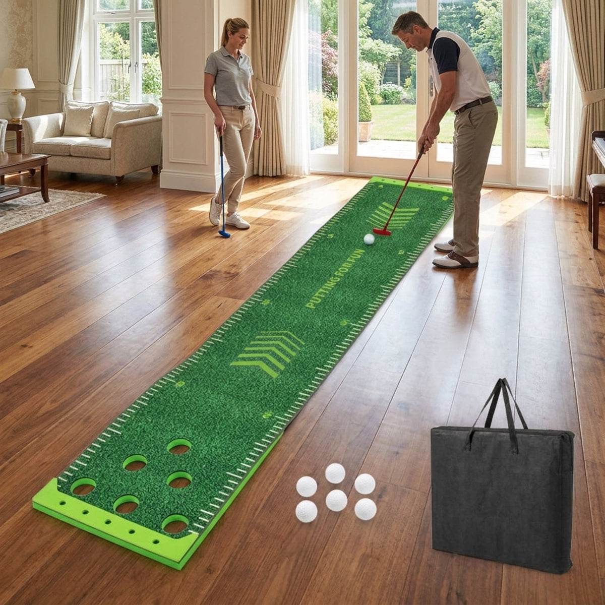 Airfind Premium Golf Hitting Practice Mat with thickened turf simulation and rubber anti-slip base plus ball tee holes for backyard driving practice, Green