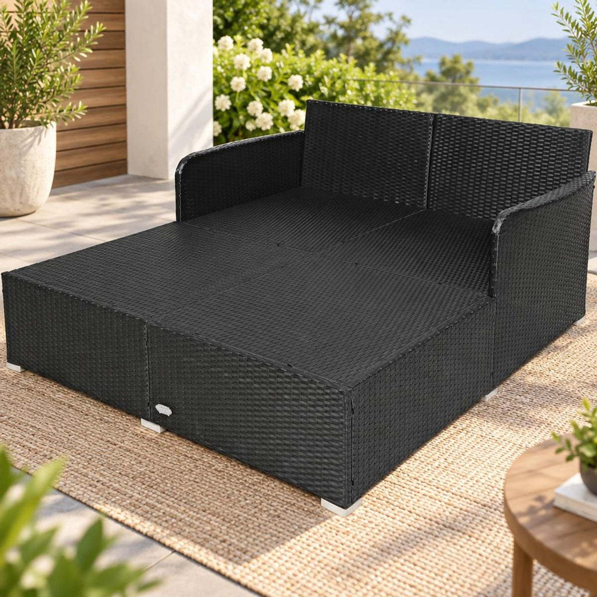 Airfind Spacious Outdoor Rattan Daybed with Upholstered Cushions and Pillows, 800 lbs Capacity, Rattan Steel Sponge Frame, Turquoise