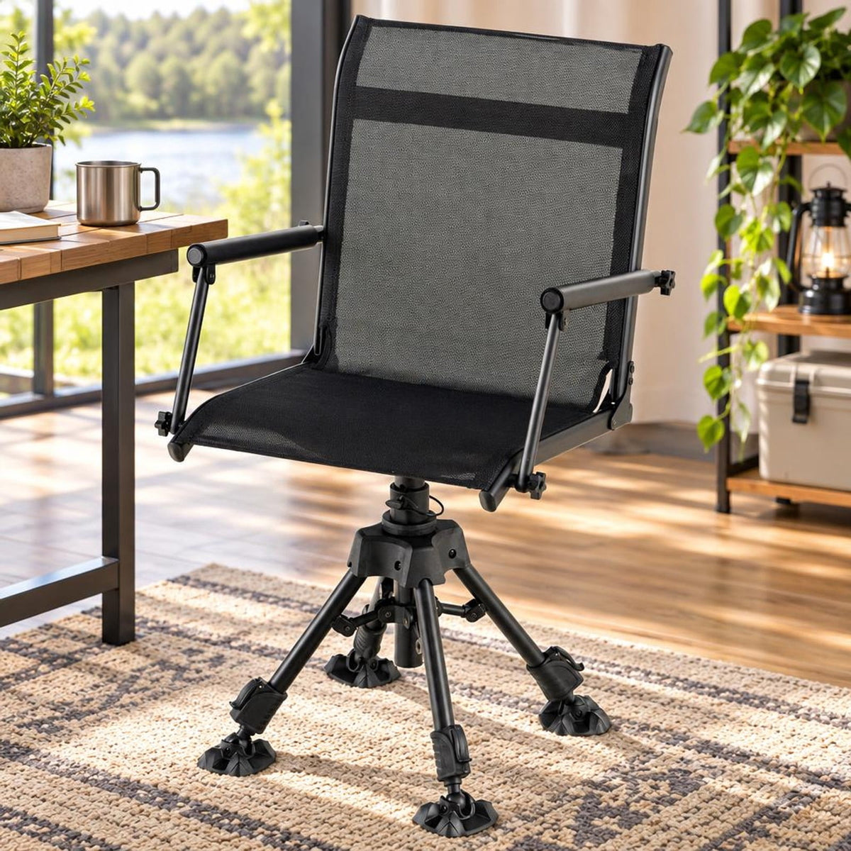 Airfind Folding Swivel Patio Chair with 4 Adjustable Leg, PP Steel Nylon Frame, 21.5 x 21.5 x 33.5-42 Footprint, Black