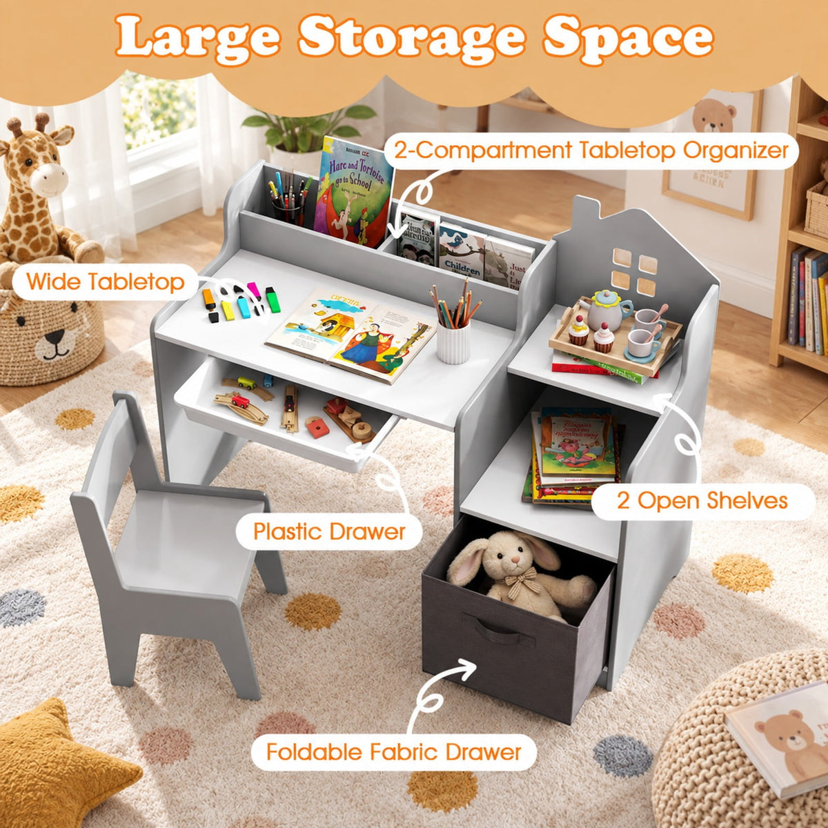 Airfind Kids Study Desk and Chair Set with Open Shelves Drawer and Fabric Storage Bin, 44 lbs Capacity, MDF Non-woven Fabric Desk Frame, Gray