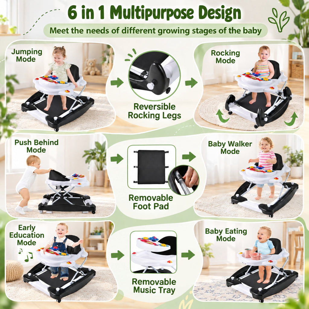 Airfind 6-in-1 Foldable Youth Walker featuring Adjustable Height, 26.5 lbs Capacity, PP Frame, for 6-14 Months, 28 Inch x 24 Inch x 19.5 Inch, Black