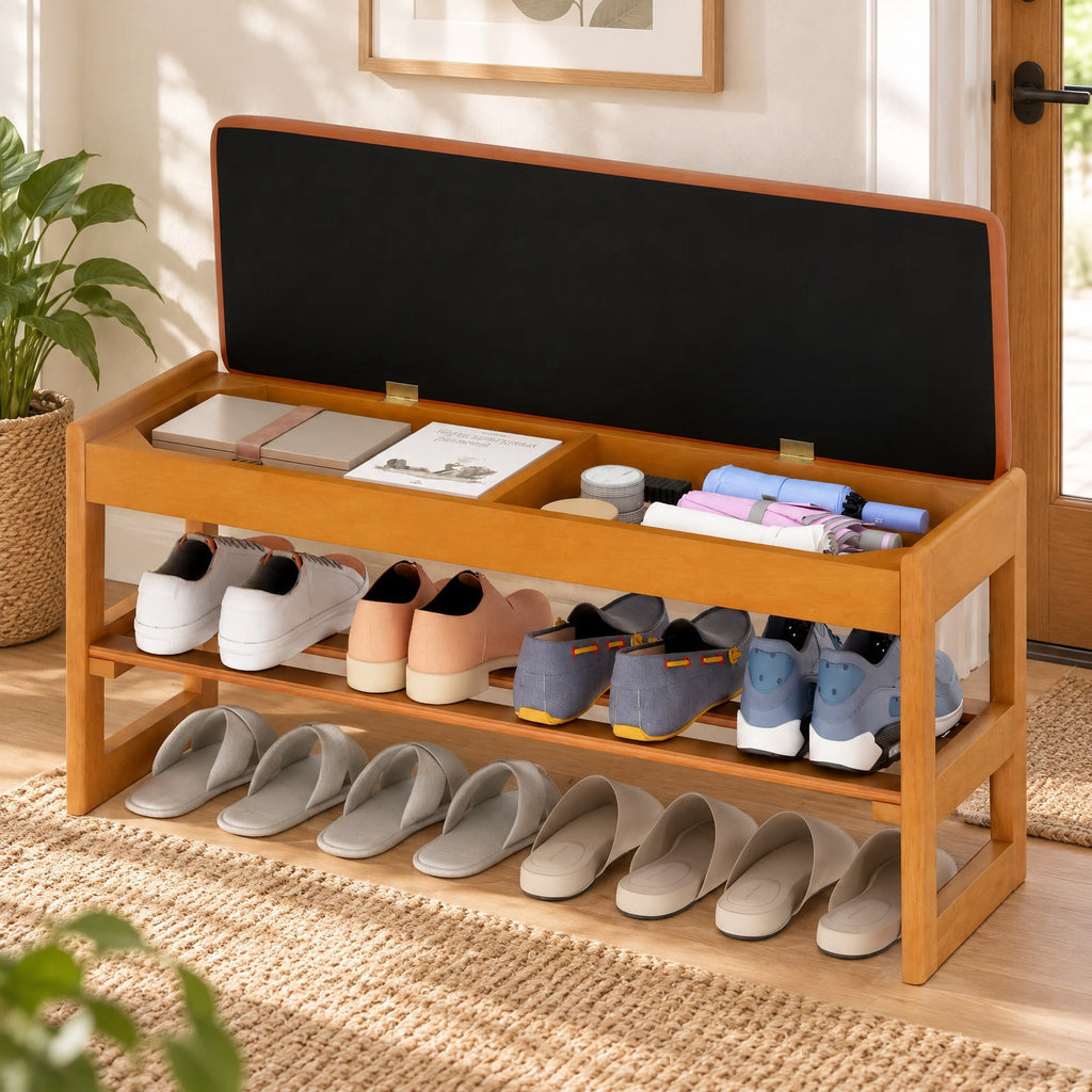 Airfind Shoe Rack Bench with Storage 2-Tier Rubberwood Entryway Bench with Flip-Open Storage, 400 lbs Capacity, 40in x 13.5in x 17in Footprint, Brown