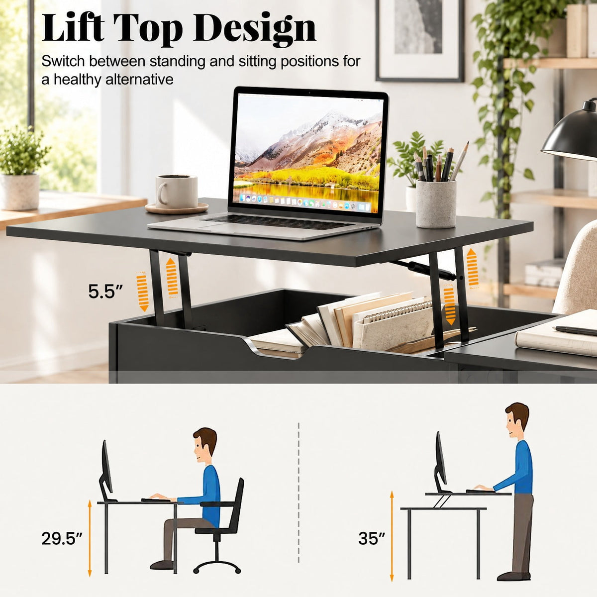 Airfind Space Saving Computer Desk with Hidden Compartment and Open Storage Shelves, 210 lbs Capacity, Engineered Wood Frame, Black