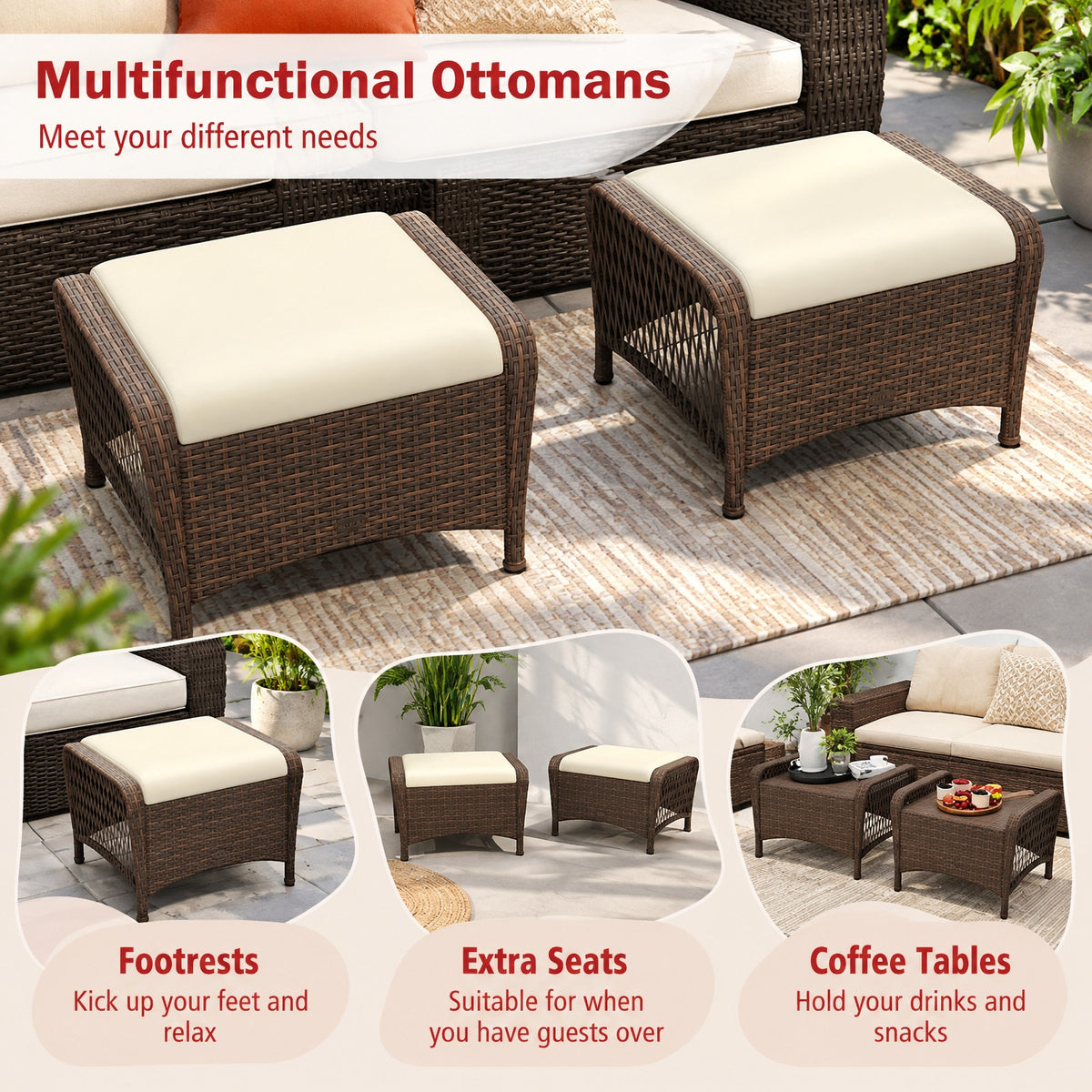 Airfind Set of 2 Outdoor Patio PE Wicker Ottomans with Removable Cushions, Ottoman 400 lbs Capacity, PE Rattan Metal Polyester Sponge Frame, Beige