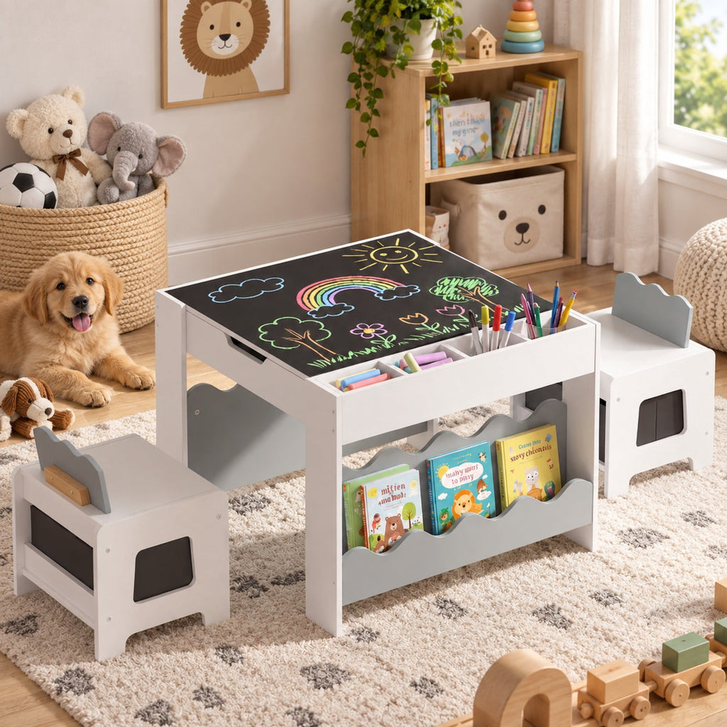 Airfind Multi-purpose Activity Kids Table and Chairs Set with Double-sided Tabletop, 55 lbs Capacity, MDF Frame, 26 Inch x 25 Inch x 19 Inch Footprint, Gray