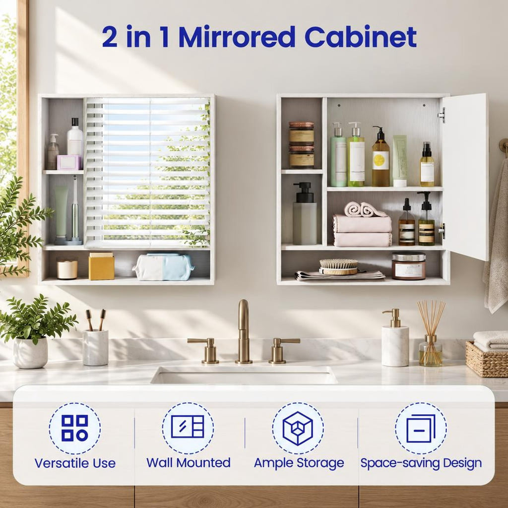 Airfind Wall Mounted Bathroom Cabinet with Mirror Single Door, 176 lbs Capacity, Glass MDF Engineered Wood Frame, 21.5 Inch x 6.5 Inch x 24 Inch Footprint