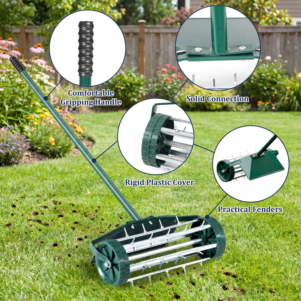 Airfind 18 Inch Rolling Lawn Aerator with Splash, Steel rubber pp Frame, 17 x 8 x 50 (L x W x H) Splash guard Footprint, Dark green and silver