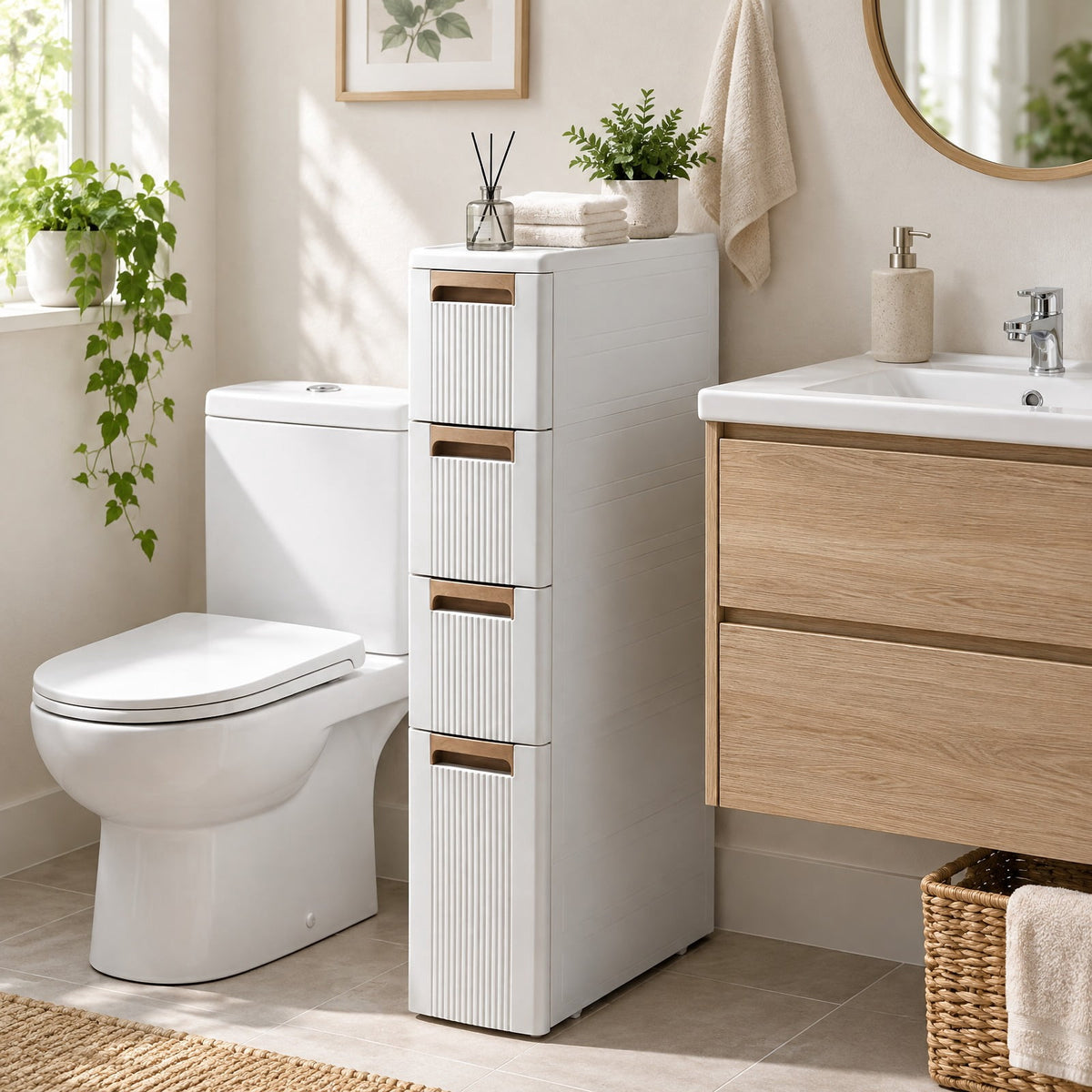Airfind Narrow Storage Cabinet with Drawers and Removable Dividers, 11 lbs Capacity, PP Frame, 18 x 7 x 30 Footprint, Beige