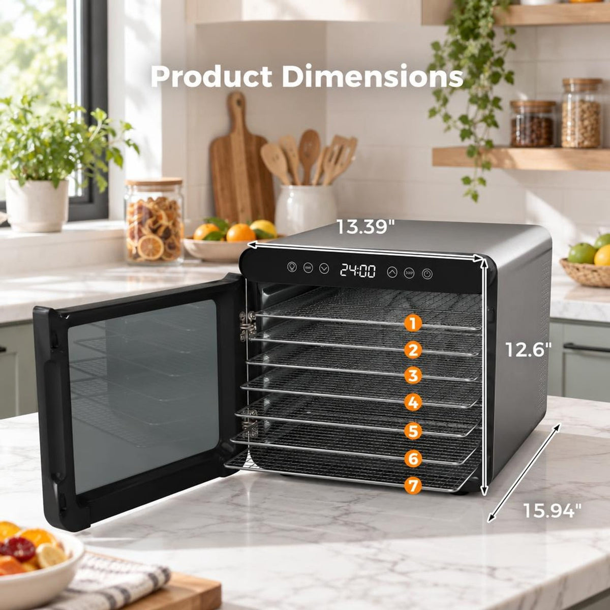 Airfind 7 Stainless Steel Trays Dryer with 1-24H Timer and 30-75℃ Temperature, Stainless Steel Galvanized Metal PP Frame, Silver