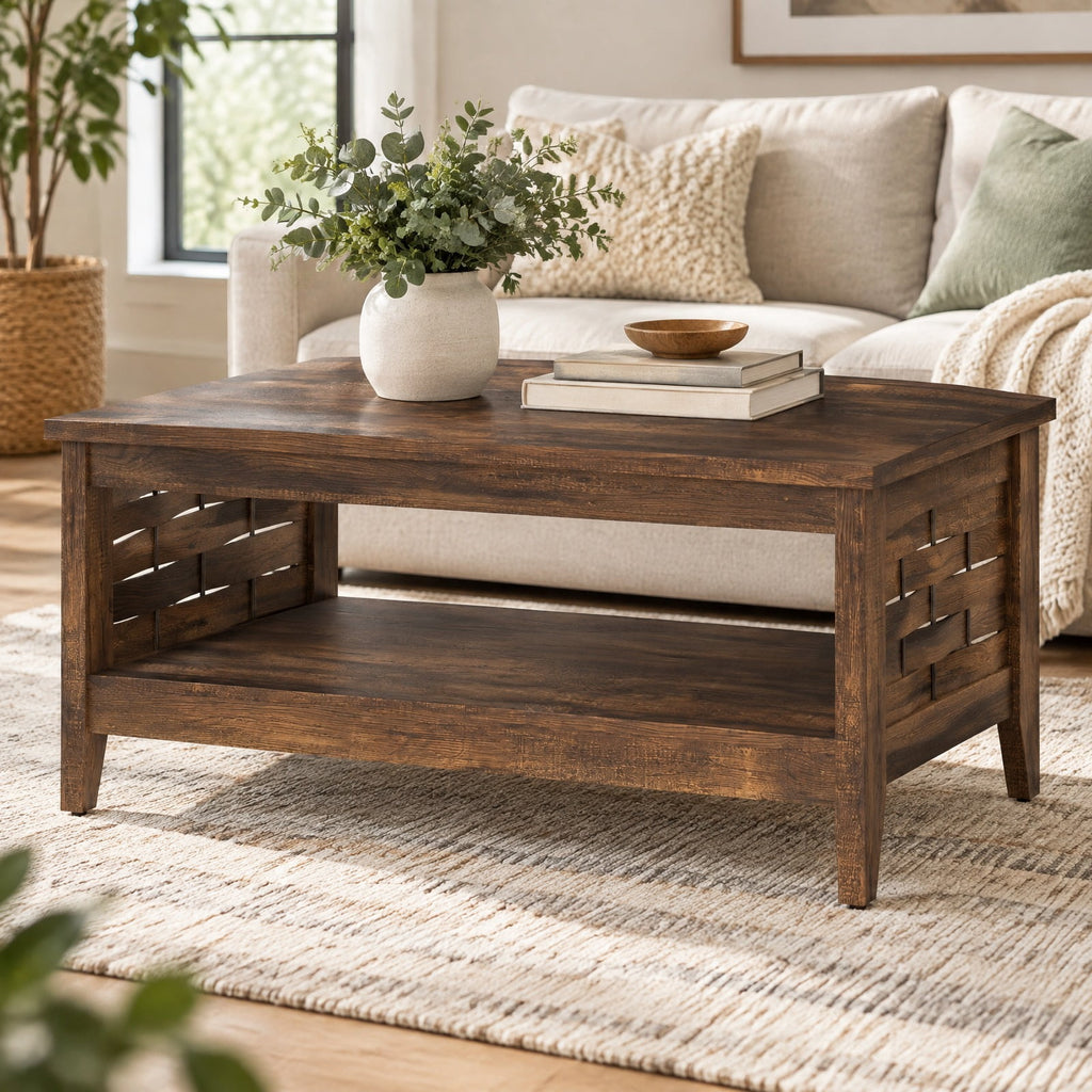 Airfind 2-Tier Farmhouse Coffee Table with Open Shelf and Woven Decorations for Living Room, 135 lbs Capacity, Engineered Wood MDF Frame, Coffee