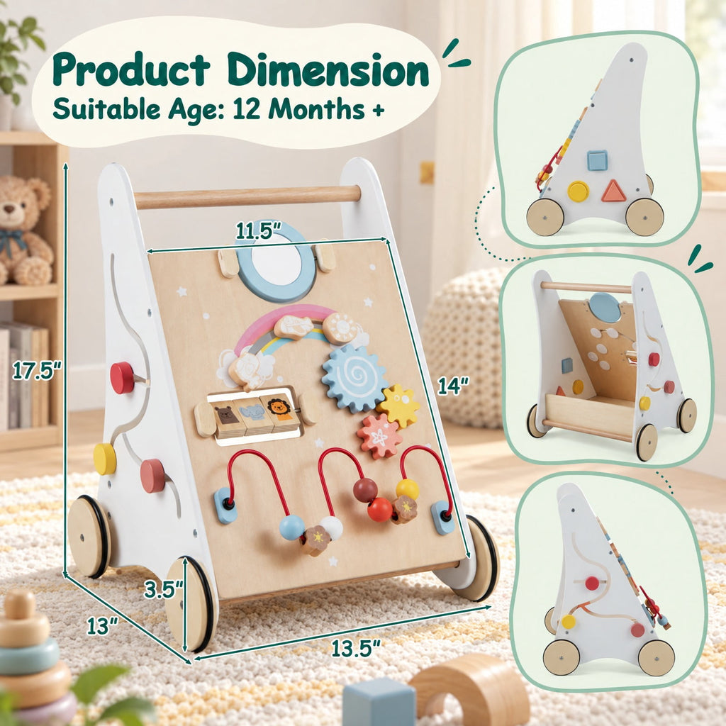 Airfind Wooden Youth Activity Walker with Multiple Play Features, Basswood Frame, Suitable for Ages 12 Months and Up, 13.5 Inch x 13 Inch x 17.5 Inch, Unspecified