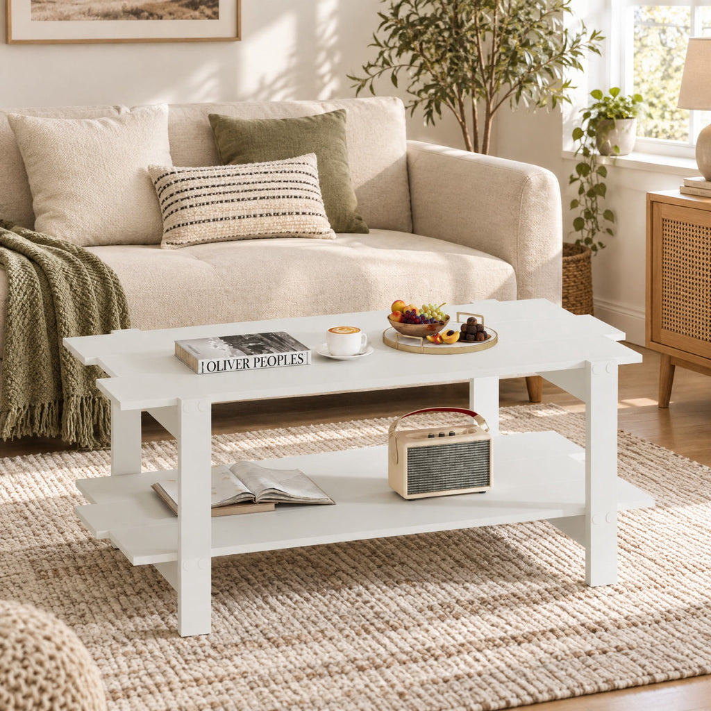 Airfind 2-Tier Coffee Table Slatted Wood Center Table with Storage Shelf, 135 lbs Capacity, Engineered Wood Frame, 45 x 23.5 x 18.5 Footprint