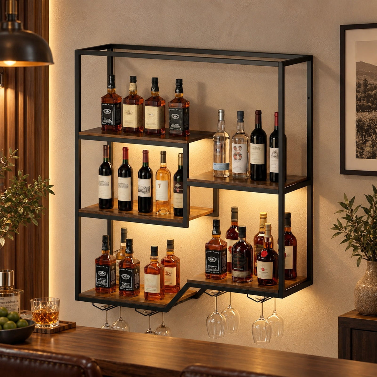 Airfind Wall Mounted Wine Rack 6-Tier Hanging Bar Shelf with Bottle Display Shelf and Glass Holder, Shelf 33 lbs Total Capacity, Brown
