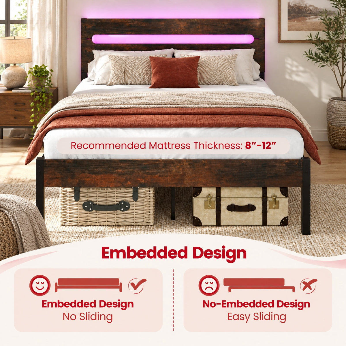 Airfind Heavy-Duty Metal Slats Support Bed Platform with Charging Station, 880 lbs Capacity, Metal Engineered Wood Frame, Brown