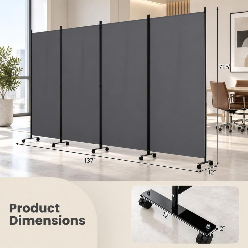 Airfind 4 Panel Folding Privacy Screen Room Divider with Wheels, Polyester Fabric Metal PP Frame, 137 x 12 x 71.5 Footprint, Grey
