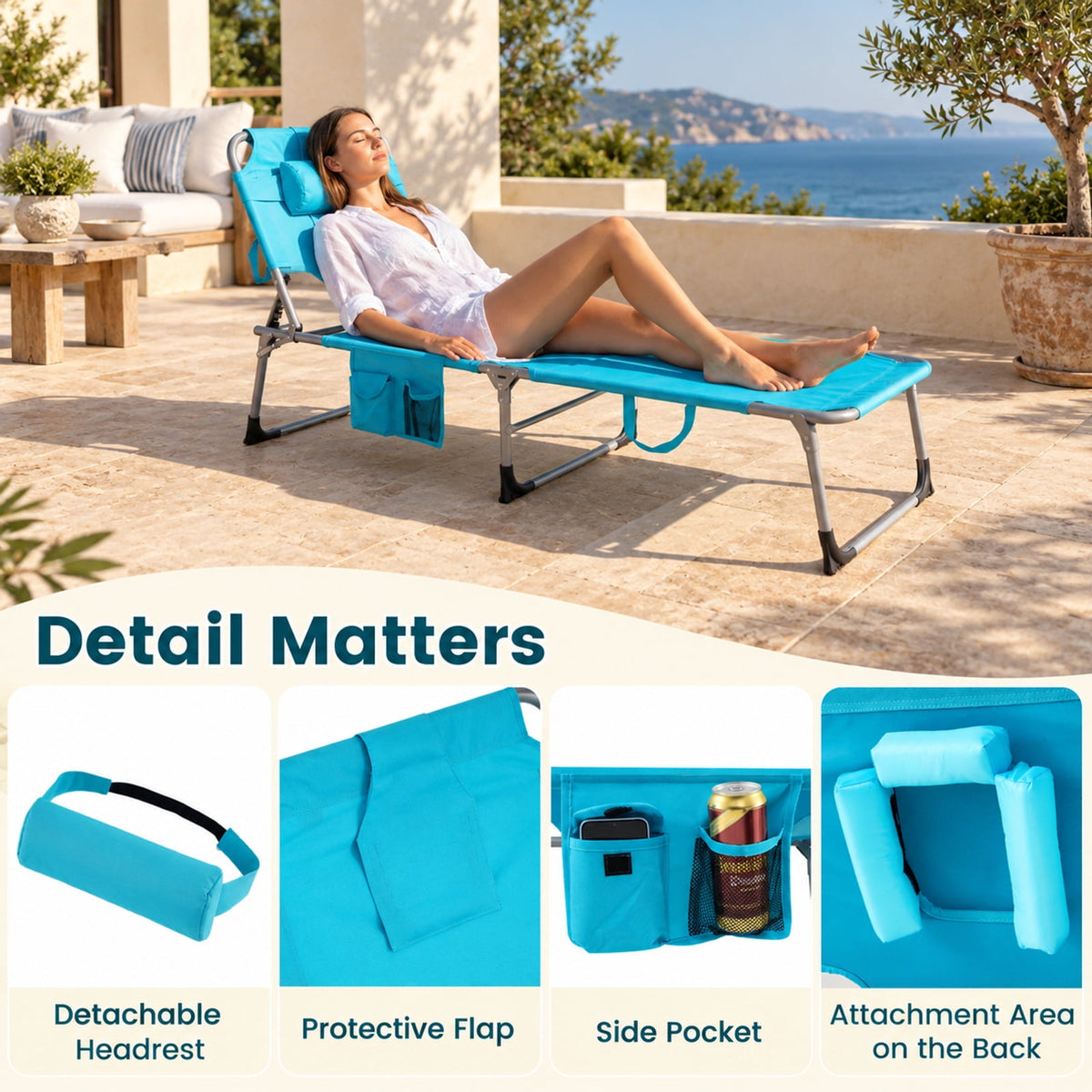 Airfind Set of 2 Tanning Chair Portable Chaise Lounge Chair with 4-Position Adjustable Backrest, 330 lbs Capacity, Blue