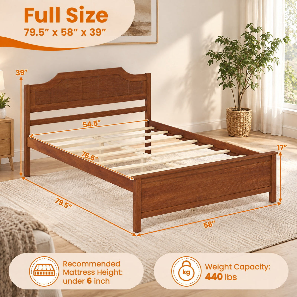 Airfind Full Size Solid Wood Platform Bed Frame with Headboard in Walnut, 440 lbs Capacity, 79.5 x 58 x 39 Bed Platform Footprint, Walnut