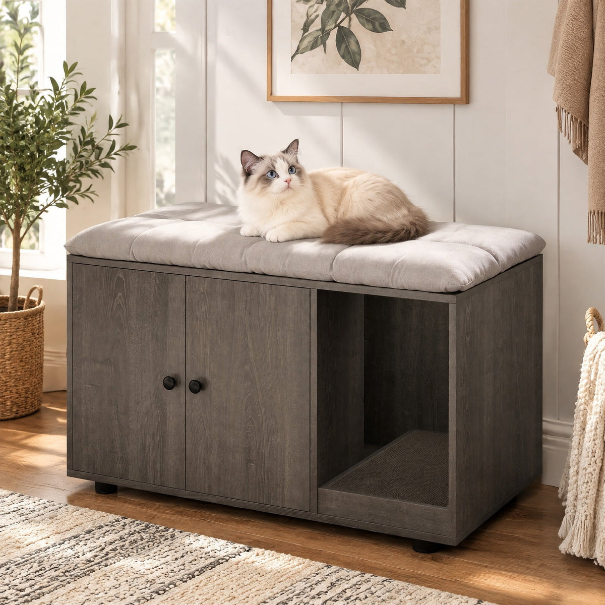 Airfind Wooden Cat Litter Box Enclosure Hidden Litter Box Furniture with Scratching Board, Engineered Board MDF Frame, Oak