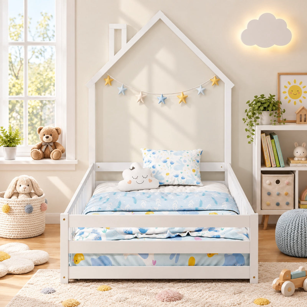 Airfind Twin Size Montessori Floor Bed with Lockable Door and Full-Length Guardrail, Solid Wood Plywood Frame, 78.5 x 45 x 66.5 Footprint, White