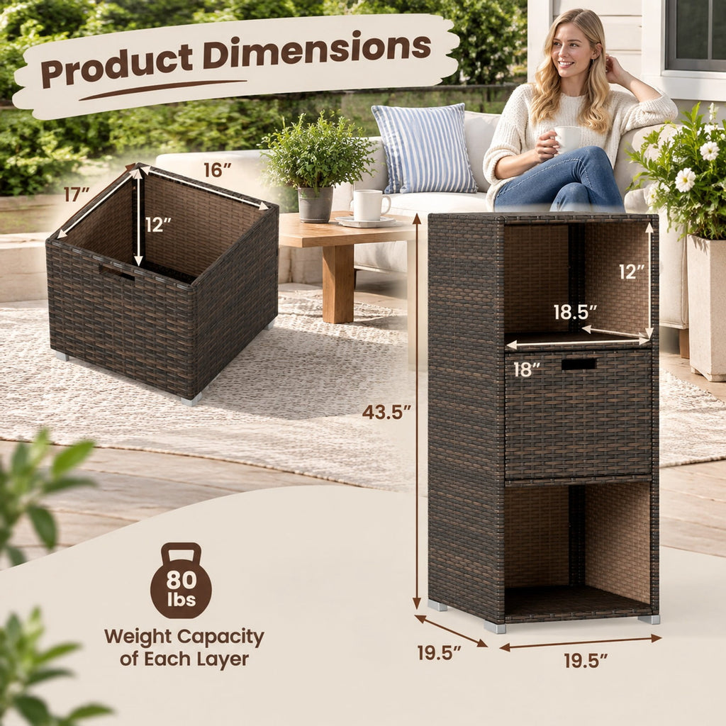 Airfind Outdoor Storage Cabinet Patio Wicker Organizer with Drawer, PE Rattan Metal Frame, 19.5 x 19.8 x 43 Footprint, Brown
