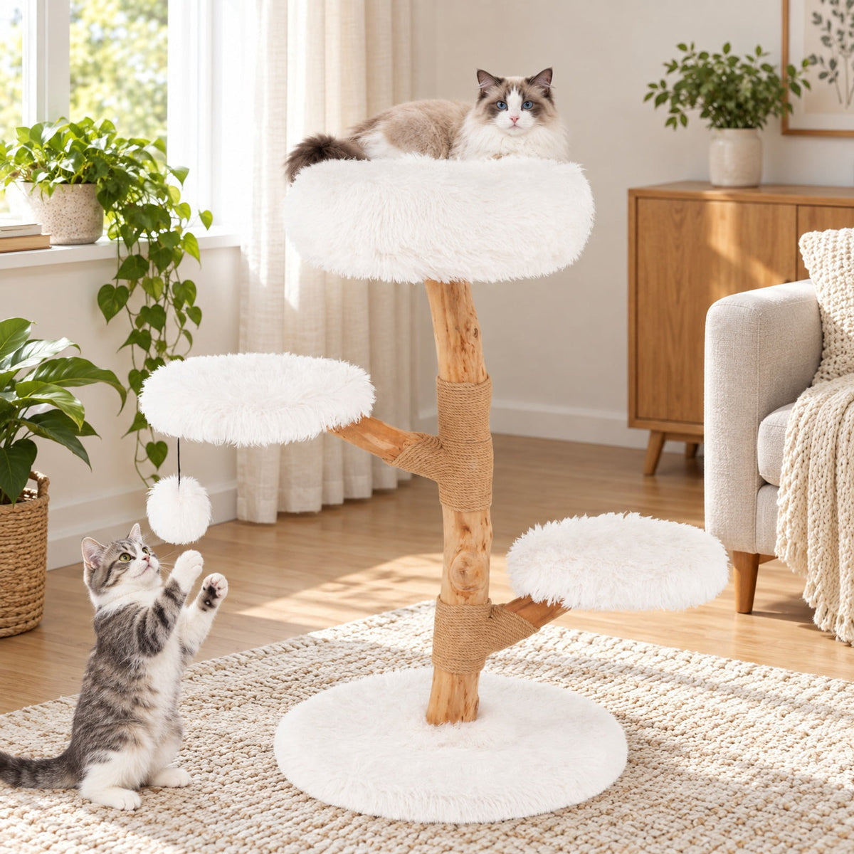 Airfind Cat Tree Solid Pear Wood with Perch and Natural Jute Scratching Posts, 22 lbs Capacity, Pear Wood Jute Long Plush Fabric Frame, White