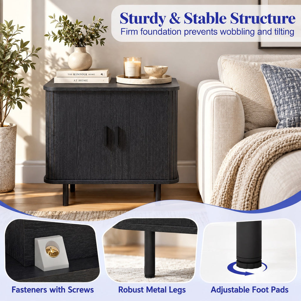 Airfind End Table Modern Mid Century Nightstand with Sliding Tambour Doors and Storage Shelf, 88 lbs Capacity, Engineered Wood MDF Metal Frame