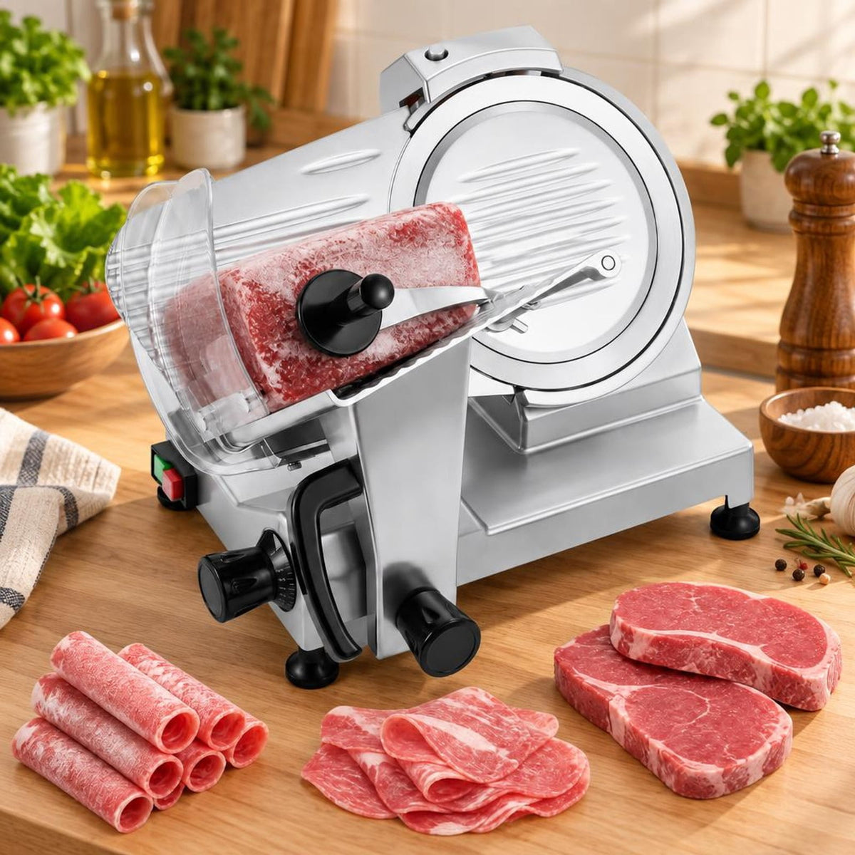 Airfind Commercial Meat Slicer with 10in Carbon Steel Blade and 0-0.47in Adjustable Thickness for Frozen Meat Cheese, 19.5in x 16in x 14inBlade Footprint