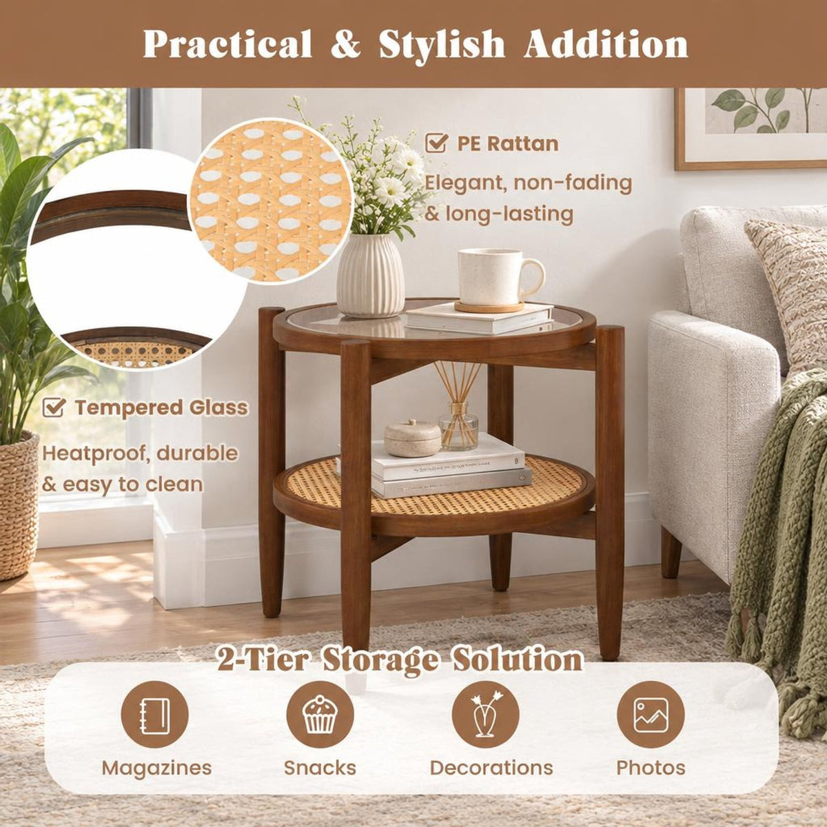 Airfind Rattan Round Side End Table with Tempered Glass Tabletop, 77 Lbs Capacity, Acacia Wood Plywood Tempered Glass PE Rattan, Walnut