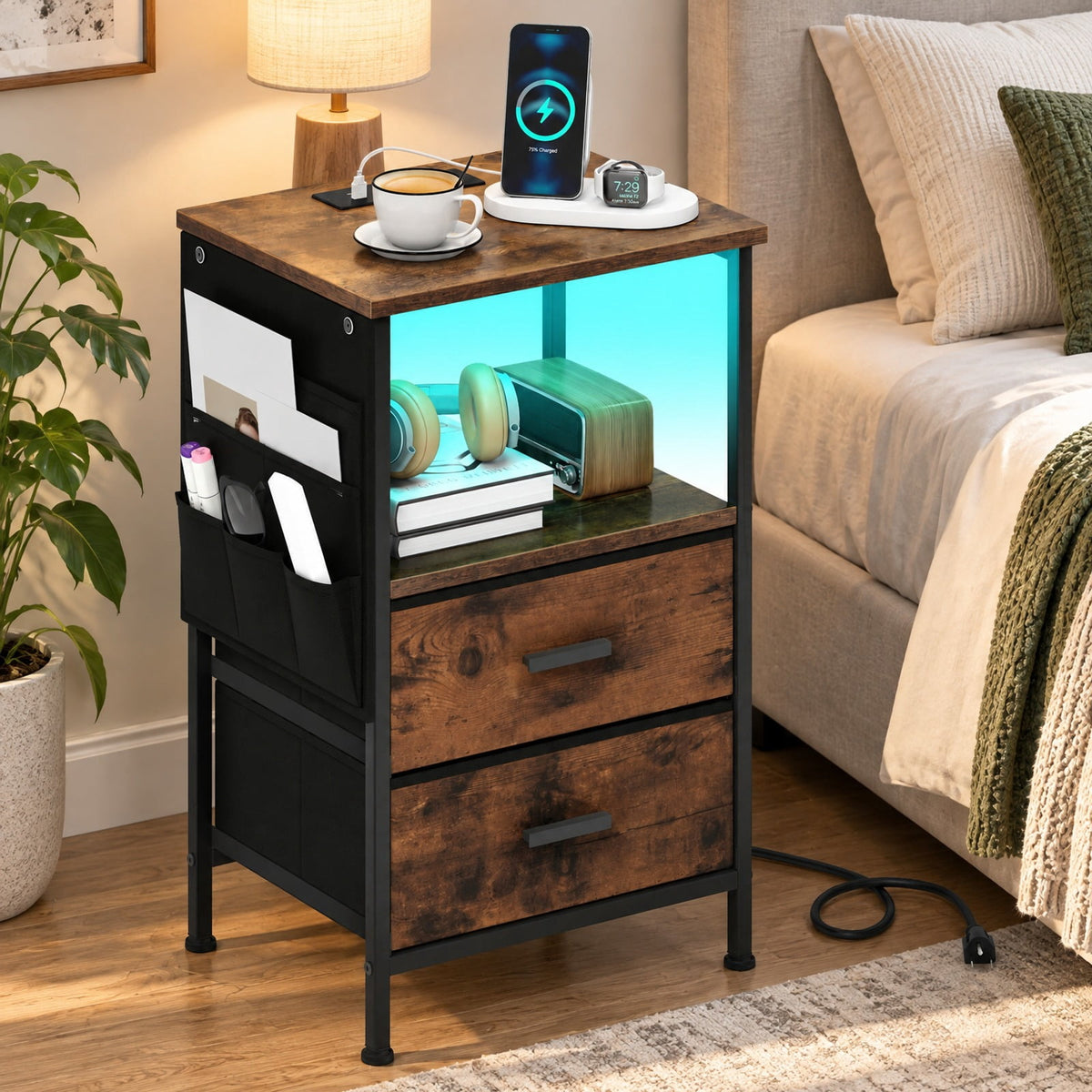 Airfind End Table with Charging Station Set of 1 Nightstand with 2 Folding Fabric Drawers, 110 lbs Capacity, Rustic Brown + Black