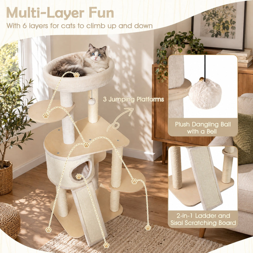 Airfind 56 Inch Tall Cat Tree with 2 Sisal Scratching Posts and Ladder, 33 lbs Capacity, 23 Inch x 19 Inch x 56 Inch Condo Footprint, Natural