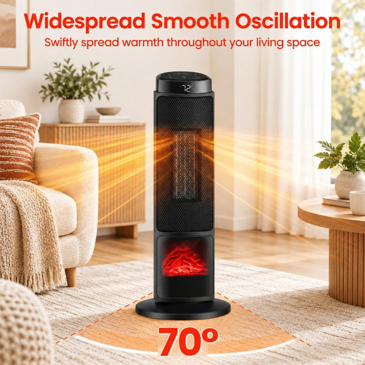 Airfind 24 Inch 1500W PTC Ceramic Tower Space Heater with 7-Color Flame, 9 Inch x 24 InchLength of Footprint for Everyday Use, Black