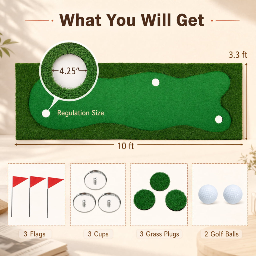 Airfind 10 x 3.3 FT Golf Putting Green with Realistic Artificial Grass Turf, Practice Putting Green Mat with 3 Holes for Indoor Outdoor Backyard