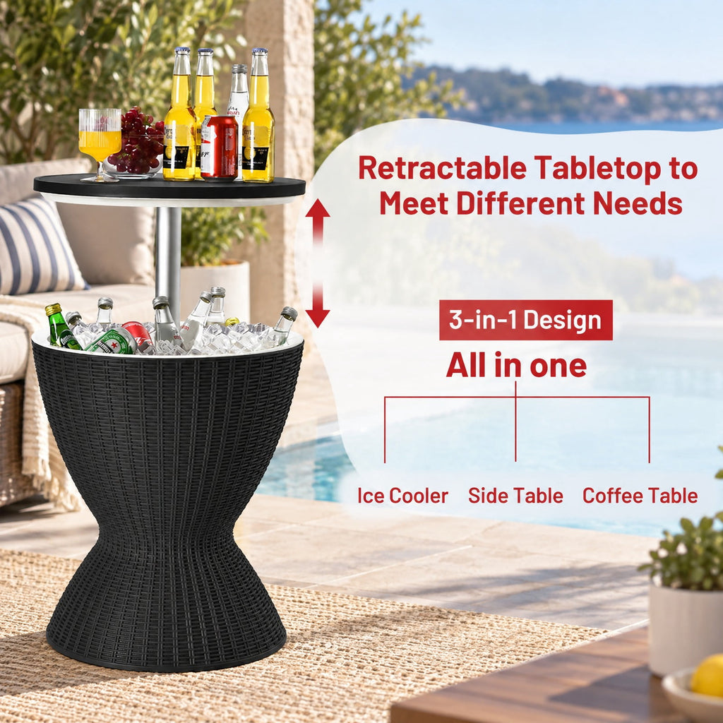 Airfind 3 in 1 8 Gallon Patio Rattan Cooler Bar Table with Adjust Ice Bucket, 165 lbs Capacity, PP Frame, Φ19 x 22.5 Footprint, Black