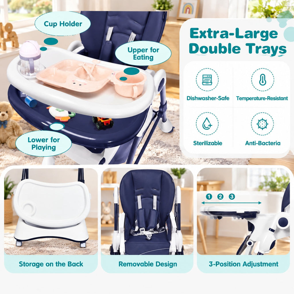 Airfind A-Shaped High Chair with 4 Lockable Wheels, 50 lbs Capacity, Iron Frame, for 0-36 months, 22 x 26 x 32 Footprint, Navy