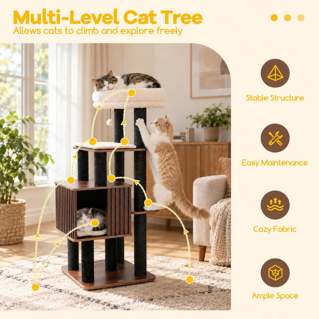 Airfind 53.5 inch Tall Cat Tree for Indoor Cat Wooden Cat Tower Top Perch with Soft Padding, 23in x 23in Cat Condo Footprint, Brown