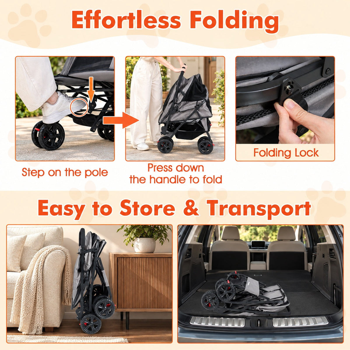 Airfind Foldable Double Pet Stroller with Adjustable Sunshade and Storage Basket, Aluminium Alloy Oxford Fabric PP EVA Frame, Gray
