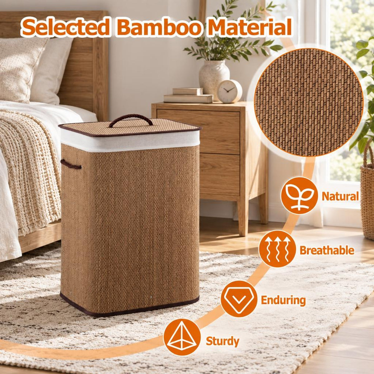 Airfind 19 Gal Capacity Bamboo Clothes Hamper with Removable Liner and Portable Handles, 22 lbs Capacity, 16.5 x 12.5 x 24 Footprint, Brown